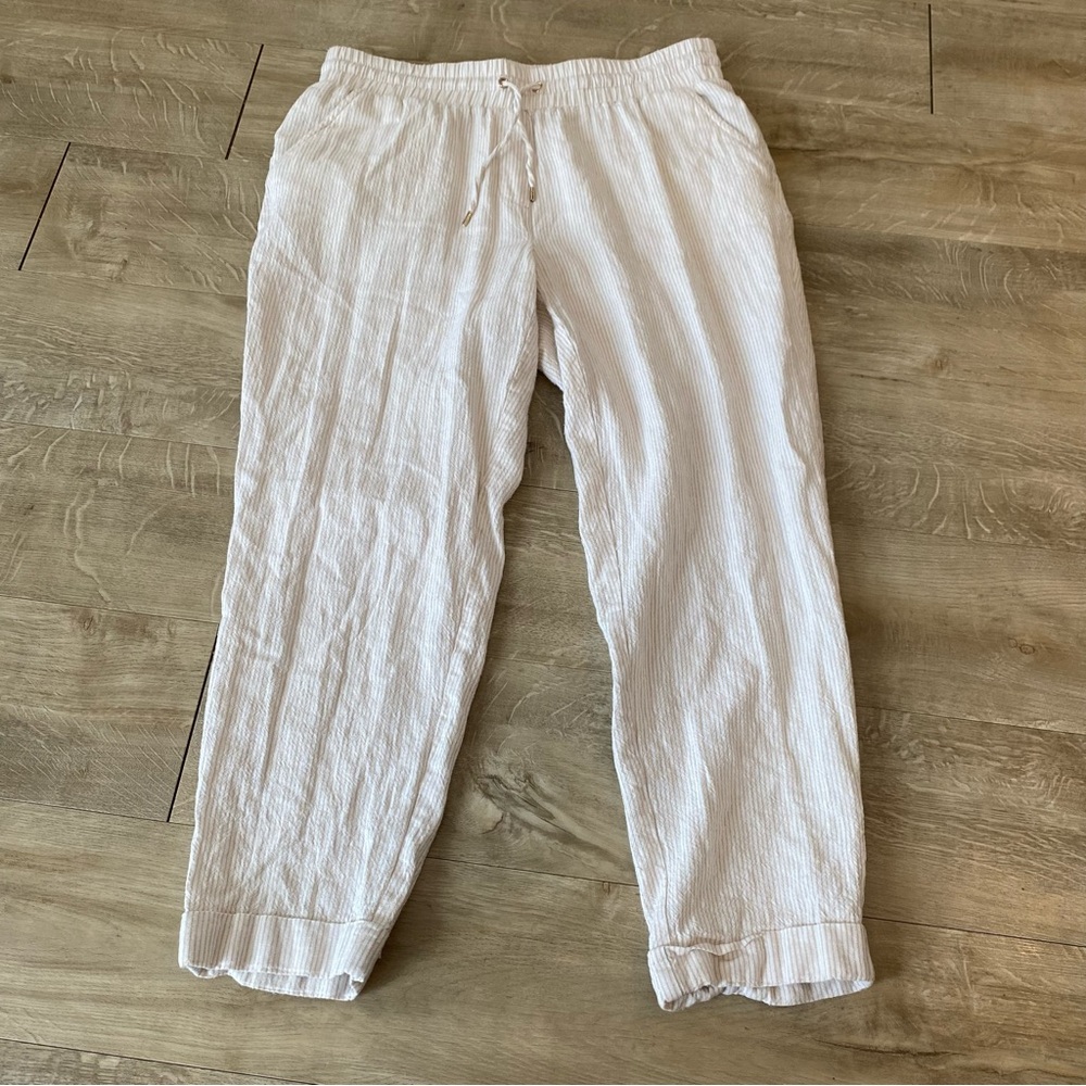 Anne Klein Cropped Pants Pockets Drawstring Stripped White Beige Capris